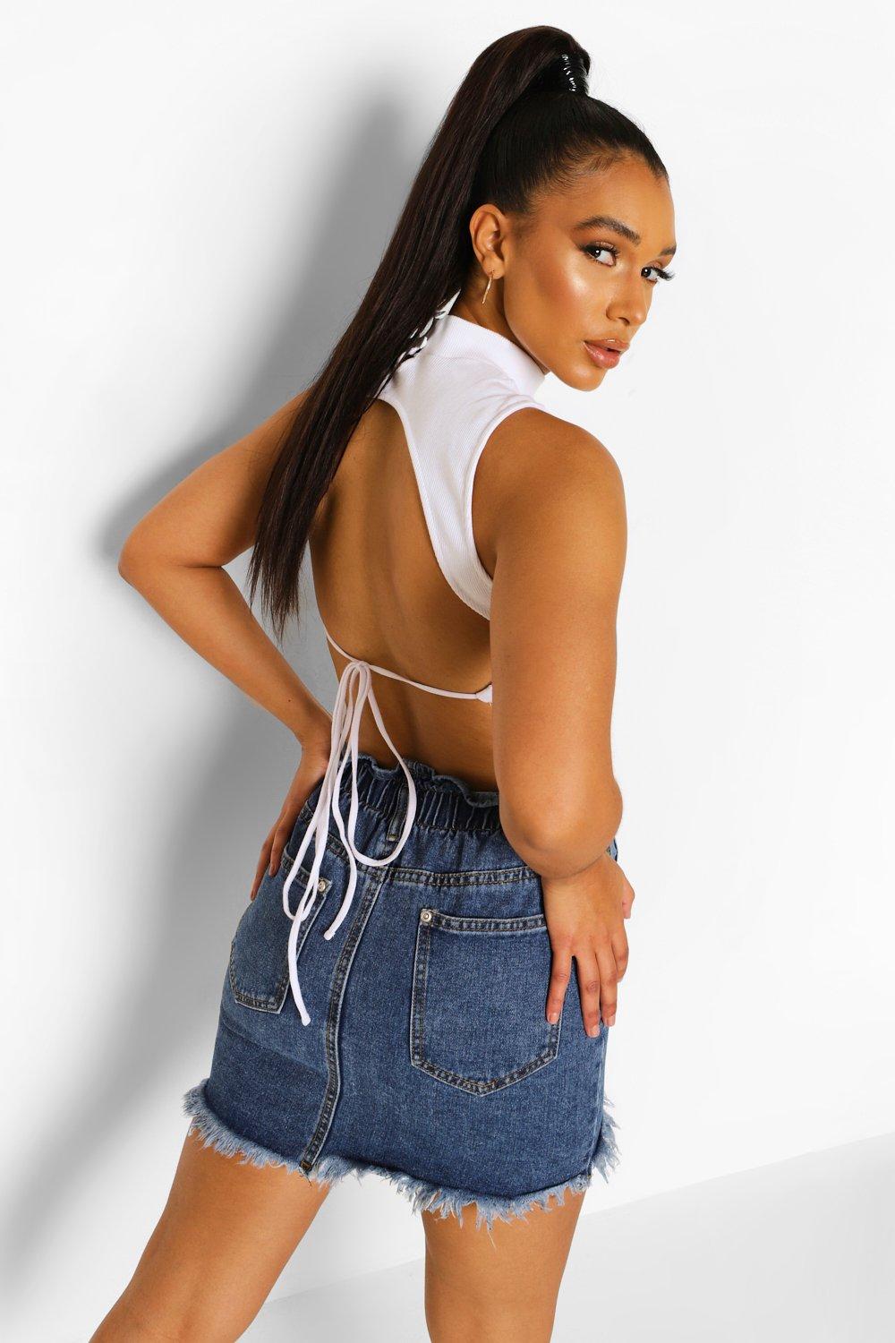 Vintage Paper Bag Frayed Hem Denim Skirt boohoo
